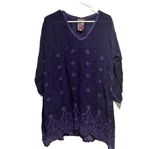 Johnny Was Deep Purple Embroidered Eyelet Lace Hem Boho Tunic Top Womens Medium